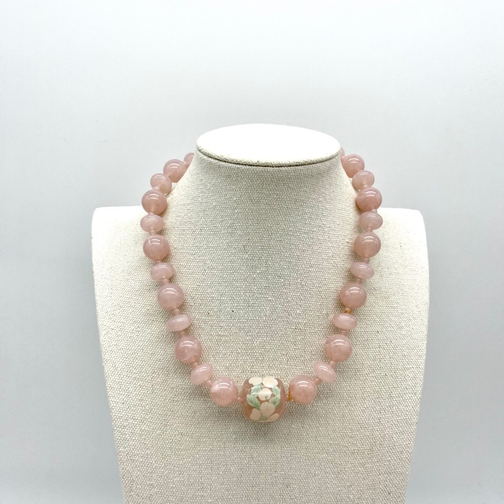 Hand‎ Painted Beaded Necklace Pink Rose Quartz Statement Floral Bead Jewelry